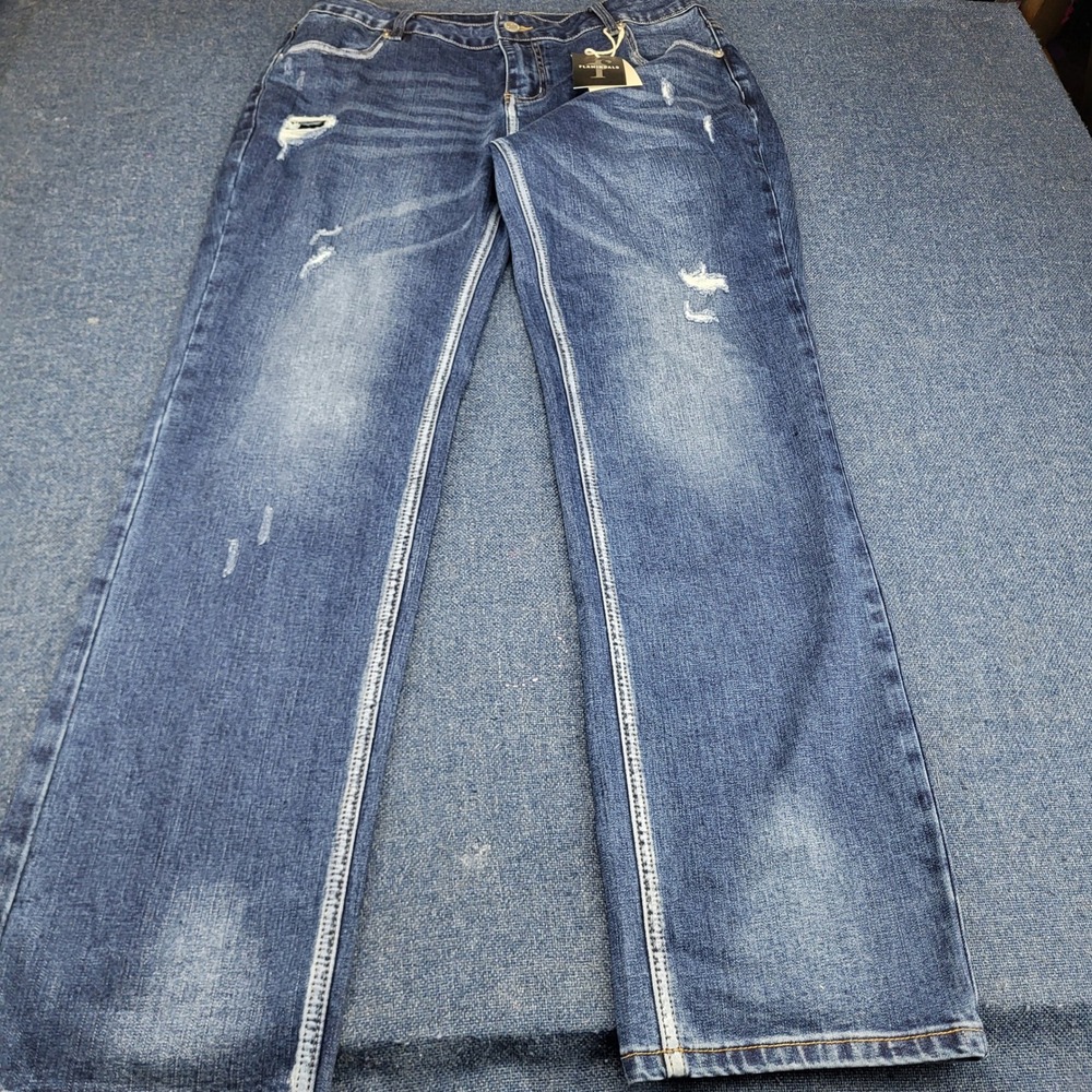 Flamingals Womens Blue Distressed Straight Leg Stretch Jeans XL 32" NWT